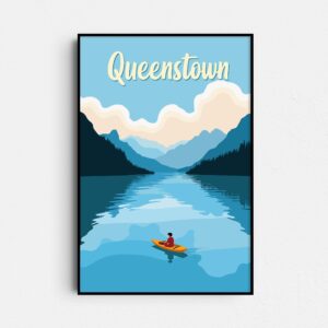 Queenstown New Zealand Retro Travel Poster - Vintage Adventure Mountain Lake Whakatipu Art - Lake Wanaka Print