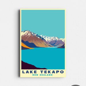 Lake Tekapo New Zealand - Retro Travel Poster - Vintage Mid Century Style Art - Queenstown, South Island, Mackenzie Basin - Digital Download