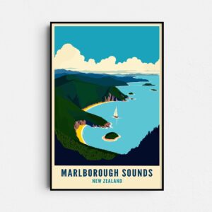 Marlborough Sounds Retro Travel Poster - New Zealand Sailing Nautical Art - Kenepuru Queen Charlotte Sound - Digital Download