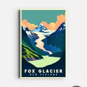 Fox Glacier New Zealand - Retro Travel Poster - Vintage Mid Century Style Art - NZ Wall Art, NZ travel Poster - Digital Download